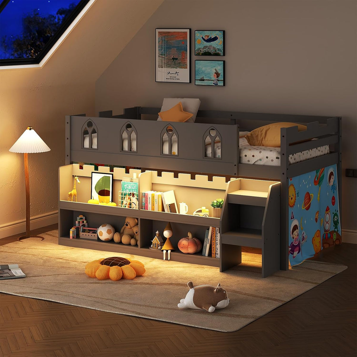 JOYMOR Low Loft Bed with LED Lights, Twin Loft Bed with Stairs, Safety Guardrail, Curtain, Wooden Bed Frame for Kids with Storage Bookcase and Under-Bed Play Space (Gray)