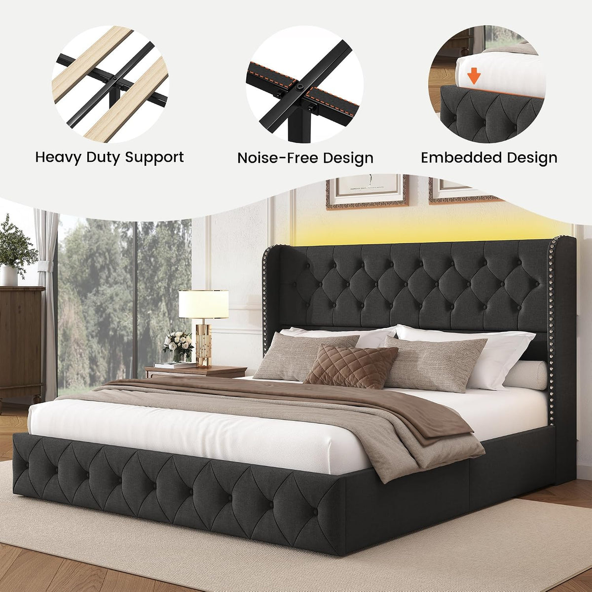 LARMACE King Size Bed Frame with LED Lights and 4 Storage Drawers Linen Upholstered Platform Bed Frame with 47.2' Tall Tufted Headboard Wingback, No Box Spring Needed, Easy to Assemble, Dark Grey