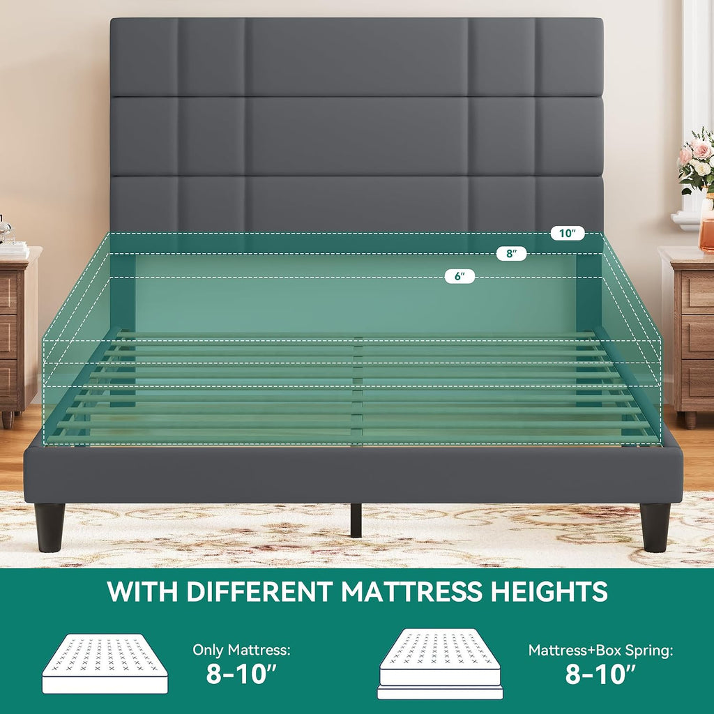 DWVO Queen Size Bed Frame with Headboard, Upholstered Platform Bed Mattress Foundation with Wooden Slat Support, Noise Free/No Box Spring Needed/Easy Assembly,Gray