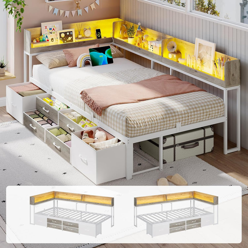 VIAGDO Corner Bed Frame with Storage Bookcase and 6 Drawers, Twin XL Metal Platform Corner Bed Frame with LED Lights and Charging Station, Twin XL Daybed for Kids Teenagers, White & Grey