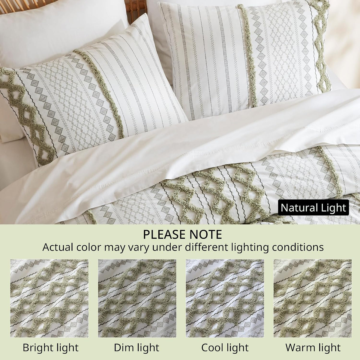 Ink+Ivy King Comforter Set, Boho Comforters, Breathable Cotton Bed Set, All Season Modern Chenille Tufted Comforter with Farmhouse Bedding Flare, Gifts for Woman, Sage/Ivory 3 Piece