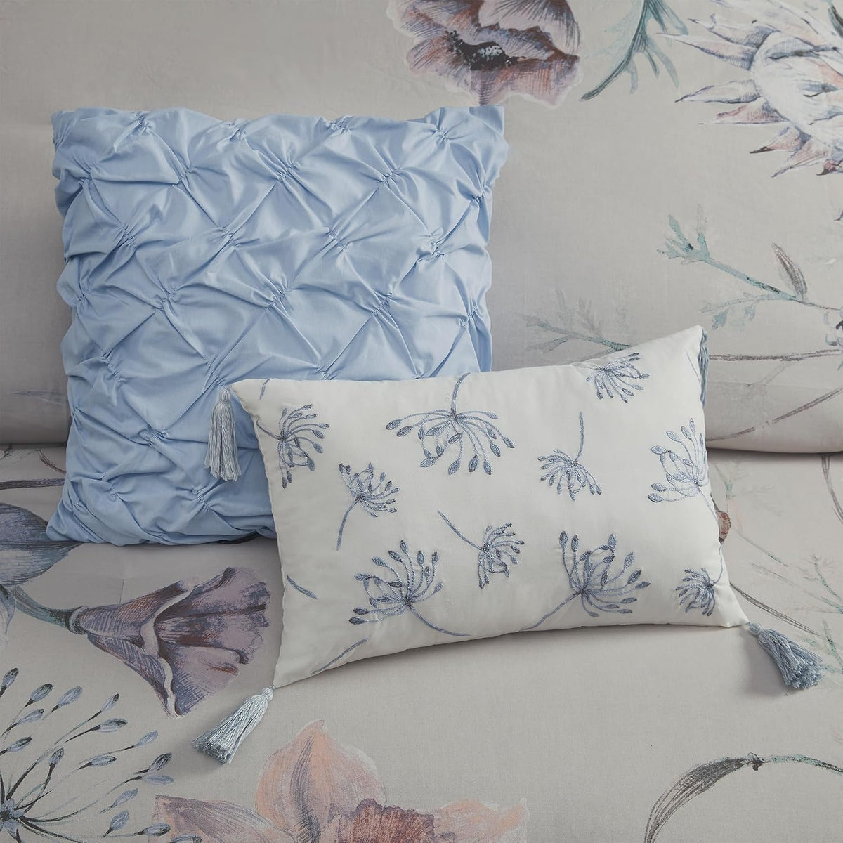 Madison Park Cassandra Cotton Blend Comforter Set - Feminine Design Colorful Floral Print, All Season Down Alternative Bedding Layer and Matching Shams, California King (104 in x 92 in), Blue 8 Piece