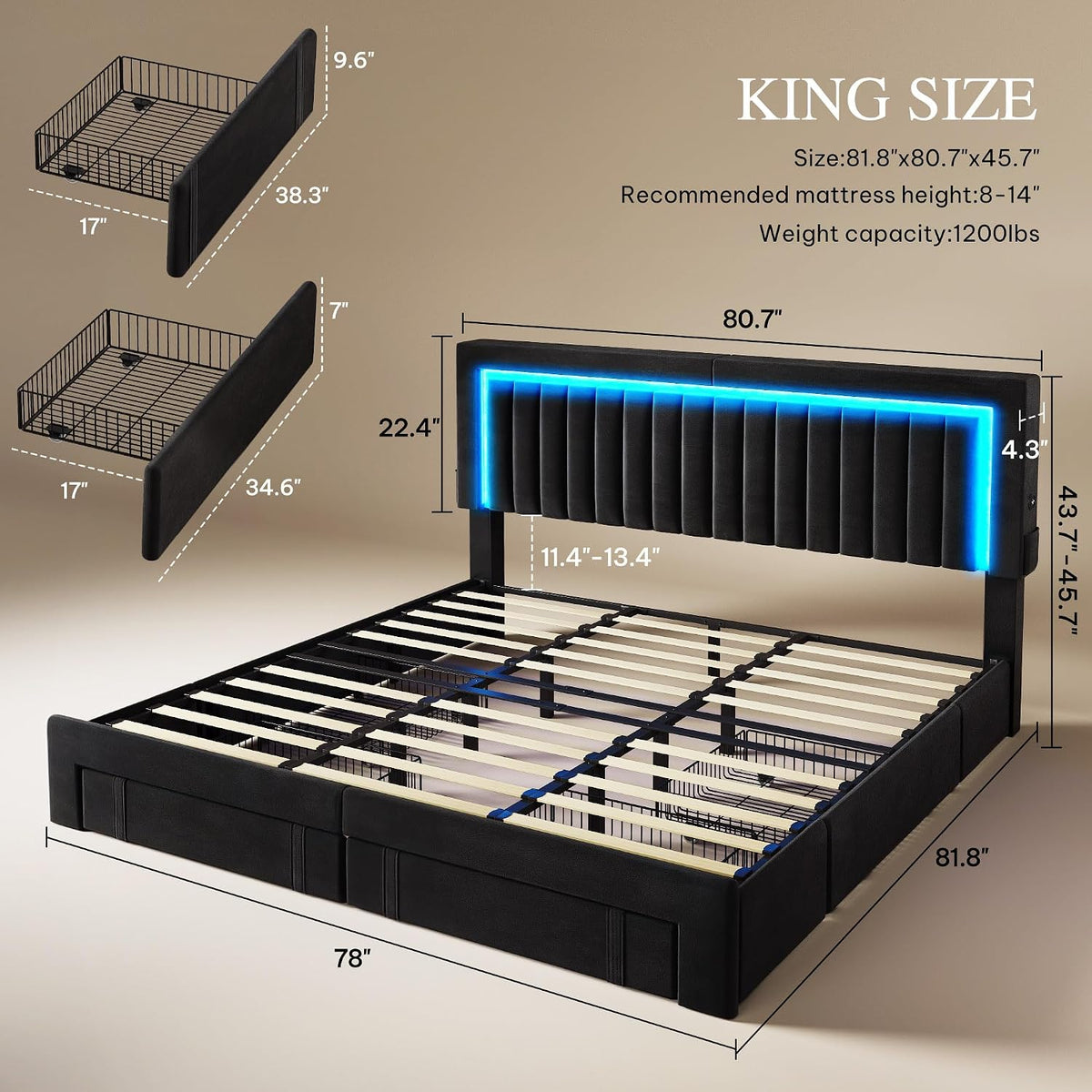 YITAHOME King Size Bed Frame with Adjustable Headboard, 4 Storage Drawers and RGB LED Lights, Velvet Upholstered Platform Bed with USB Ports, No Box Spring Needed, Fast Assembly, Noise-Free, Black
