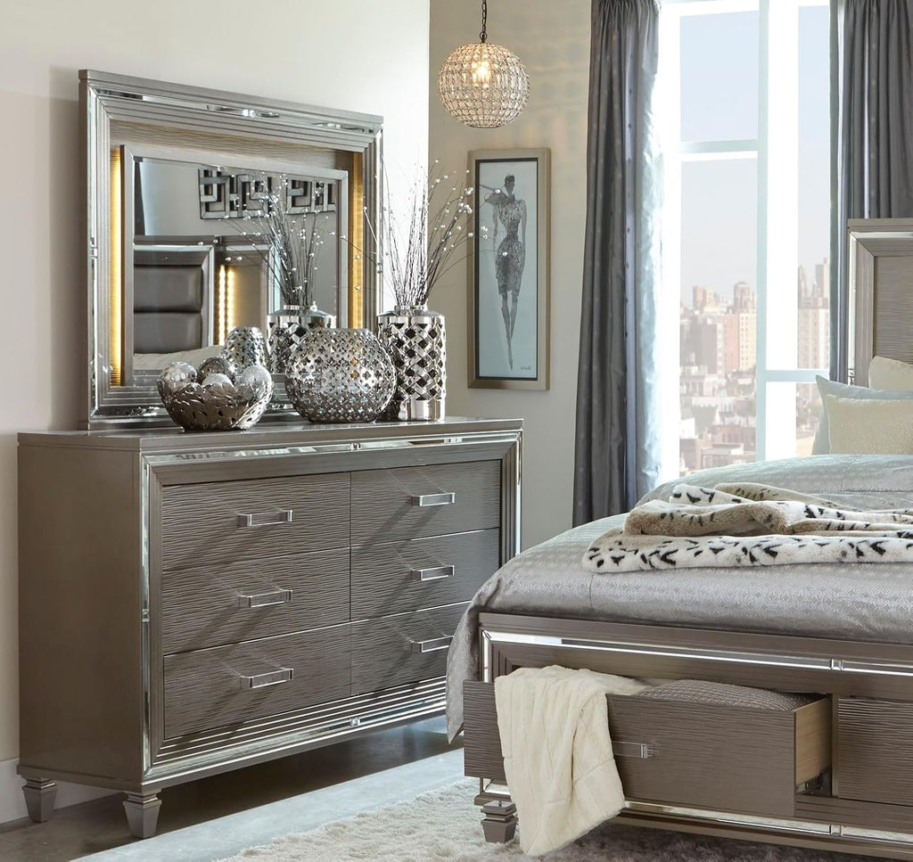 3pc LED Light Bedroom Set King Size Platform Bed Upholstered Headboard Silver Gray Finish Wooden Furniture