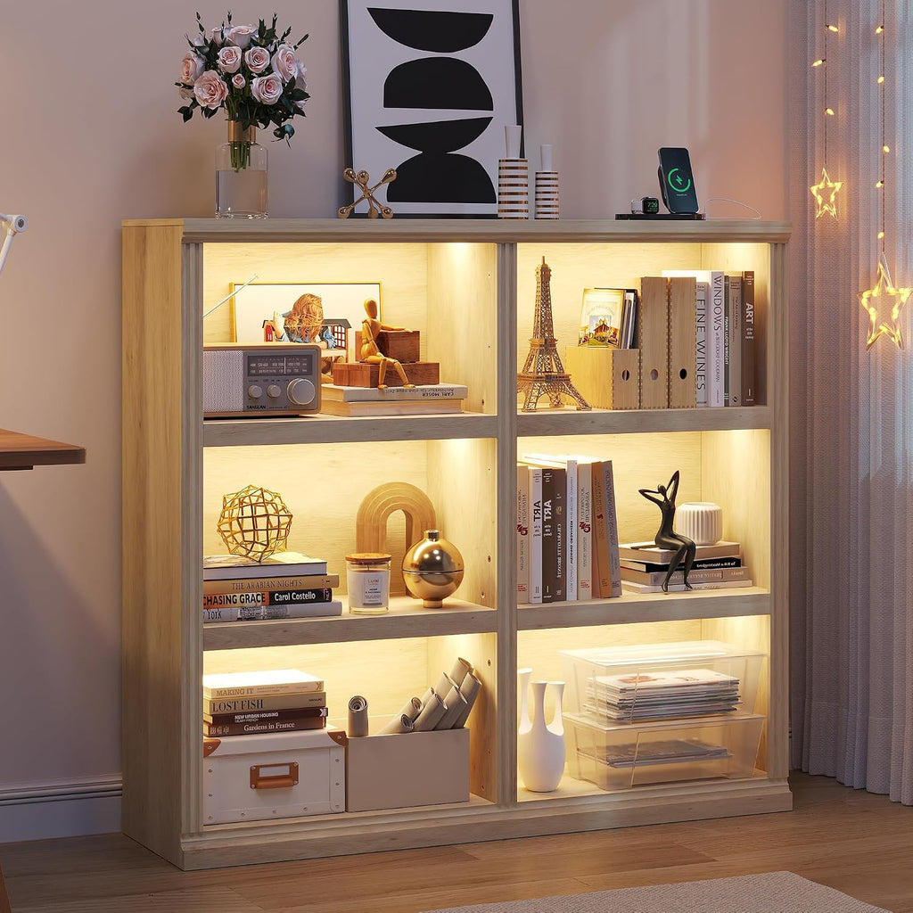 6-Cube LED Bookshelf with Motion Sensor Lights - USB Type-C Charging Module - Modern Cube Organizer Display Shelf 47.24 W x 43.31 H for Bedroom Living Room Apartment Home Office - Natural Wood