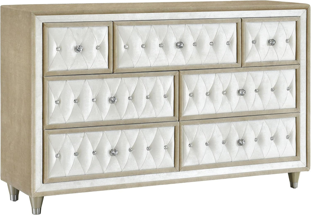 Coaster Home Furnishings Antonella Modern Classic 4-Piece Bedroom Set Velvet Upholstered Eastern King Size Panel Bed Frame 79-inch Headboard Ivory and Camel 223521KE-S4