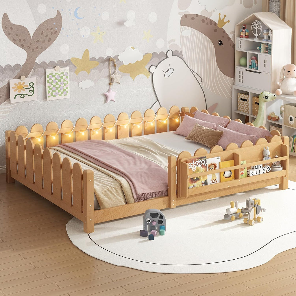 Bellemave Queen Size Floor Bed with Rails and Slats, Queen Size Montessori Floor Bed with Bookshelf, Fence and Lights, Low Profile Montessori Beds Frame for Girls, Boys, Light Natural