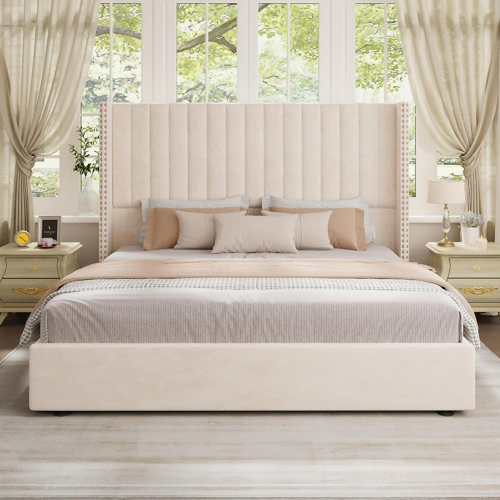 Jocisland Upholstered King Size Lift up Storage Bed Frame, Platform Bed Velvet with Channel Tufted Wingback Headboard, No Box Spring Needed, Cream