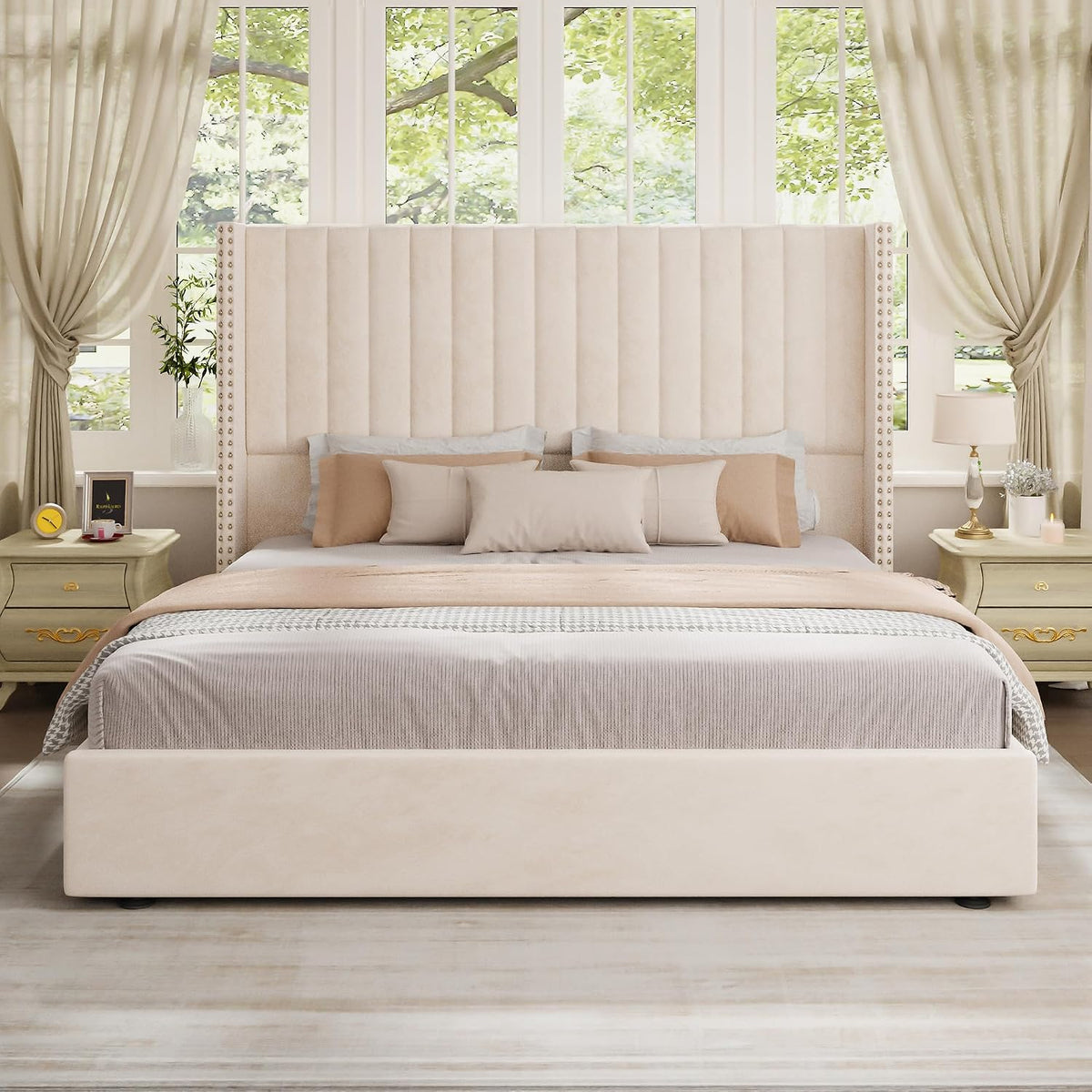 Jocisland Upholstered Queen Size Lift up Storage Bed Frame, Platform Bed Velvet with Channel Tufted Wingback Headboard, No Box Spring Needed, Cream