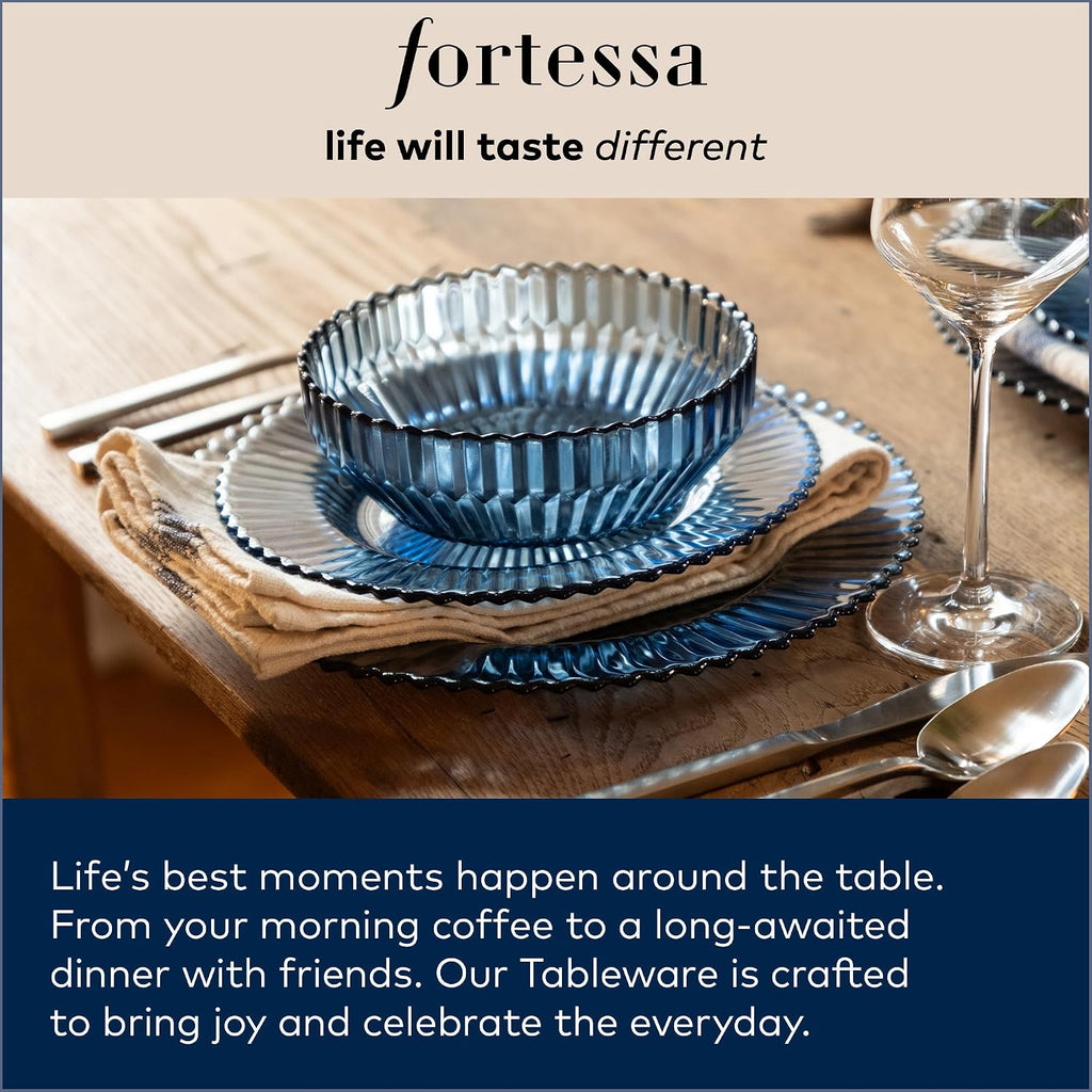 FORTESSA Los Cabos Tableware, 16-Piece Glass Dinnerware Set with 4 Dinner Plates, 4 Salad Plates, 4 Coupe Bowls and 4 Cereal Bowls, Dishwasher-Safe Glass Plate Set, Clear