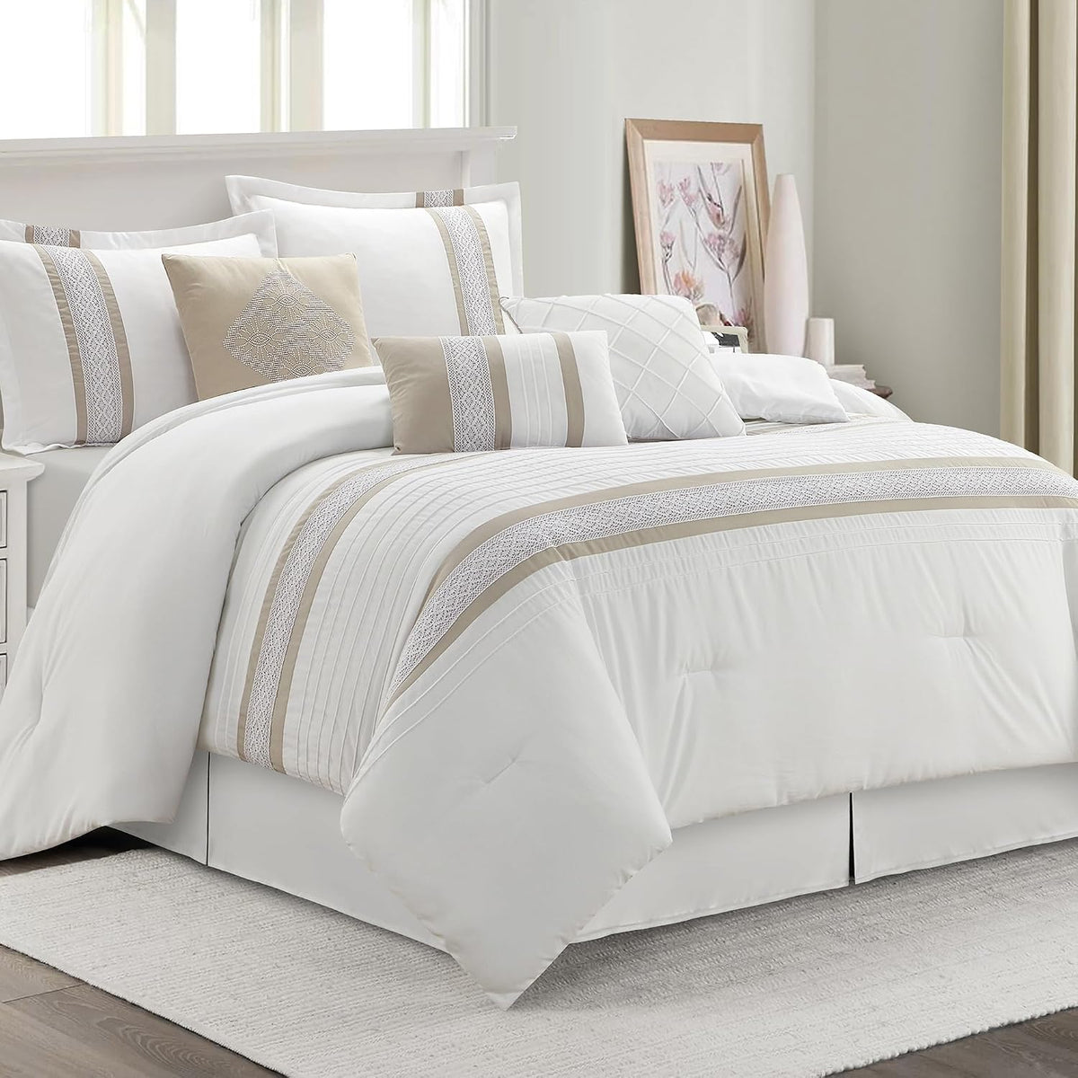 LANCO MODERN LIFESTYLE 7 Piece Comforter Set, Taupe White, Queen Size, Boho Style Geometric Microfiber Embroidery, Bed in a Bag with Bedskirt, Pillow Shams and Decor Pillows