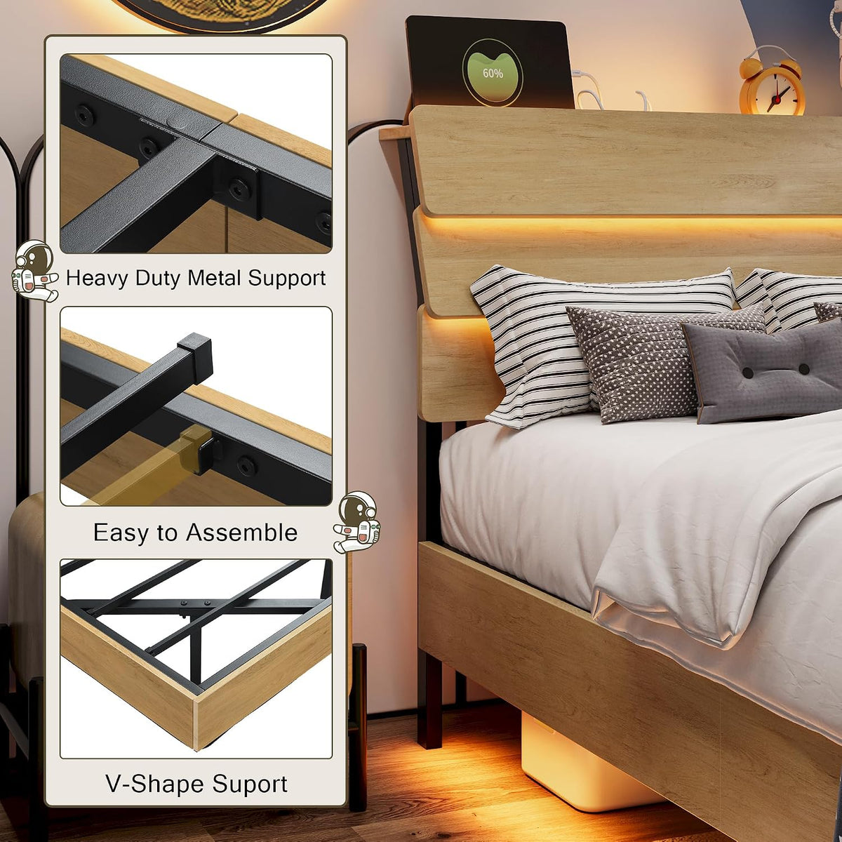 Einhomn Twin Bed Frames with LED Light and Charging Station, Floating Wooden Bed Frame, Heavy Duty Metal Slats, No Box Spring Needed, Noise Free, Easy Assembly, Oak