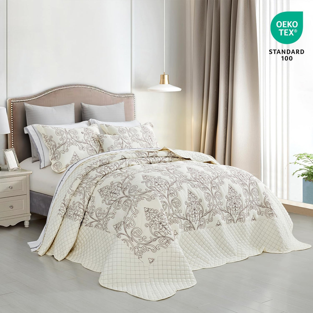 CHIXIN Bedspread Coverlet Quilt Set Full Size - Lightweight Bedding Cover - Beautiful Stitching - 5 Piece Reversible Bedspread - Luxury Damask Paisley Pattern (Full, Ivory)
