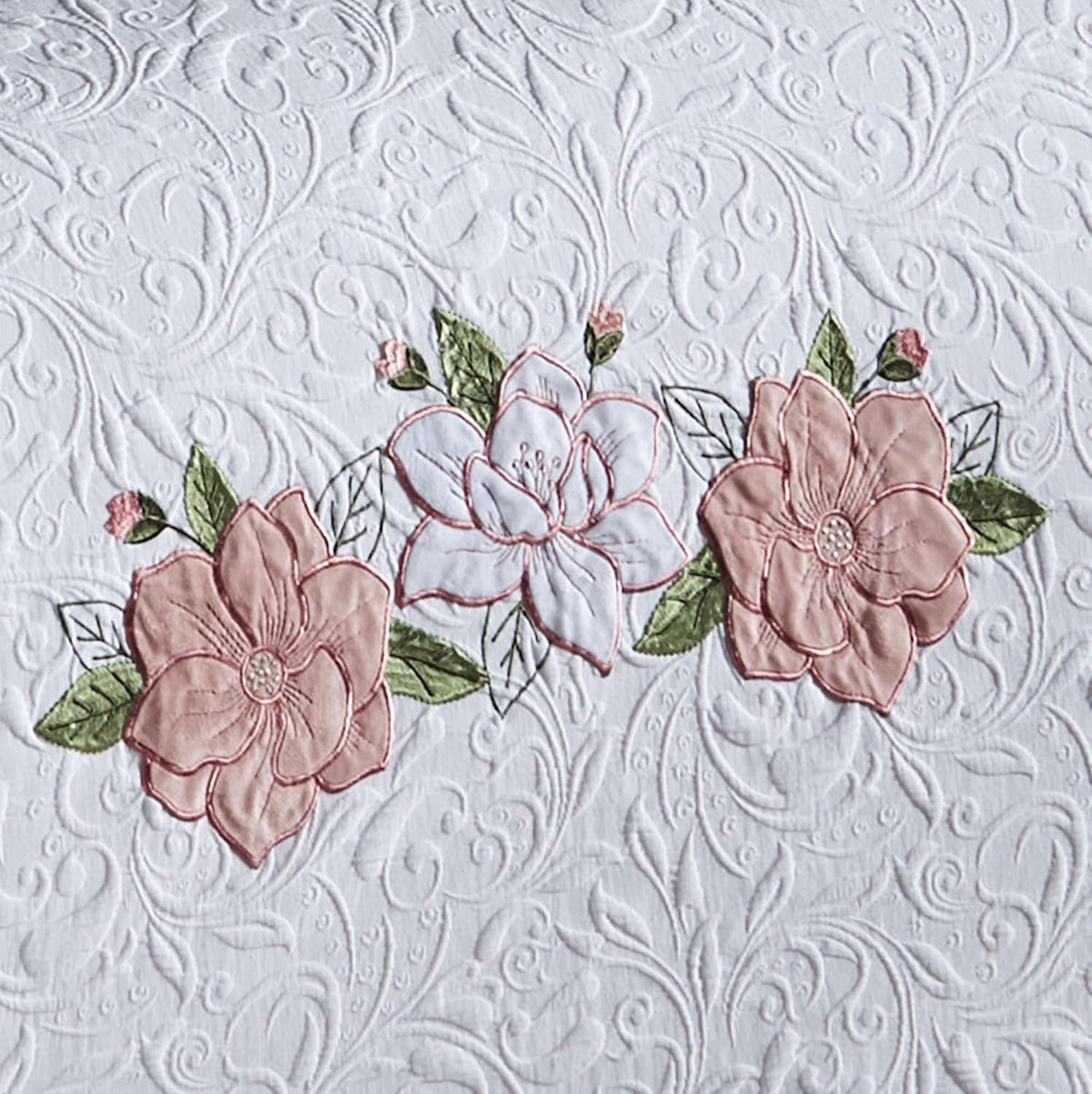 Lovington Floral Luxury Matelasse Bedding | Rose Pink and White Velvet Flower Embroidered Appliques | 4-Pc Textured Scroll Lightweight Bed Set: Oversized Cal King Coverlet, Bedskirt, & 2 King Shams