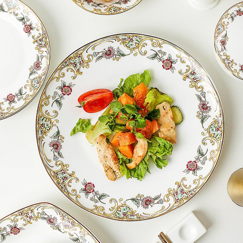 ACMLIFE Bone China Dinnerware Set for 4, 12-Piece Vintage Floral Dinnerware Set, Kitchen Plates and Bowls Set, Christmas Gifts for Women (White)