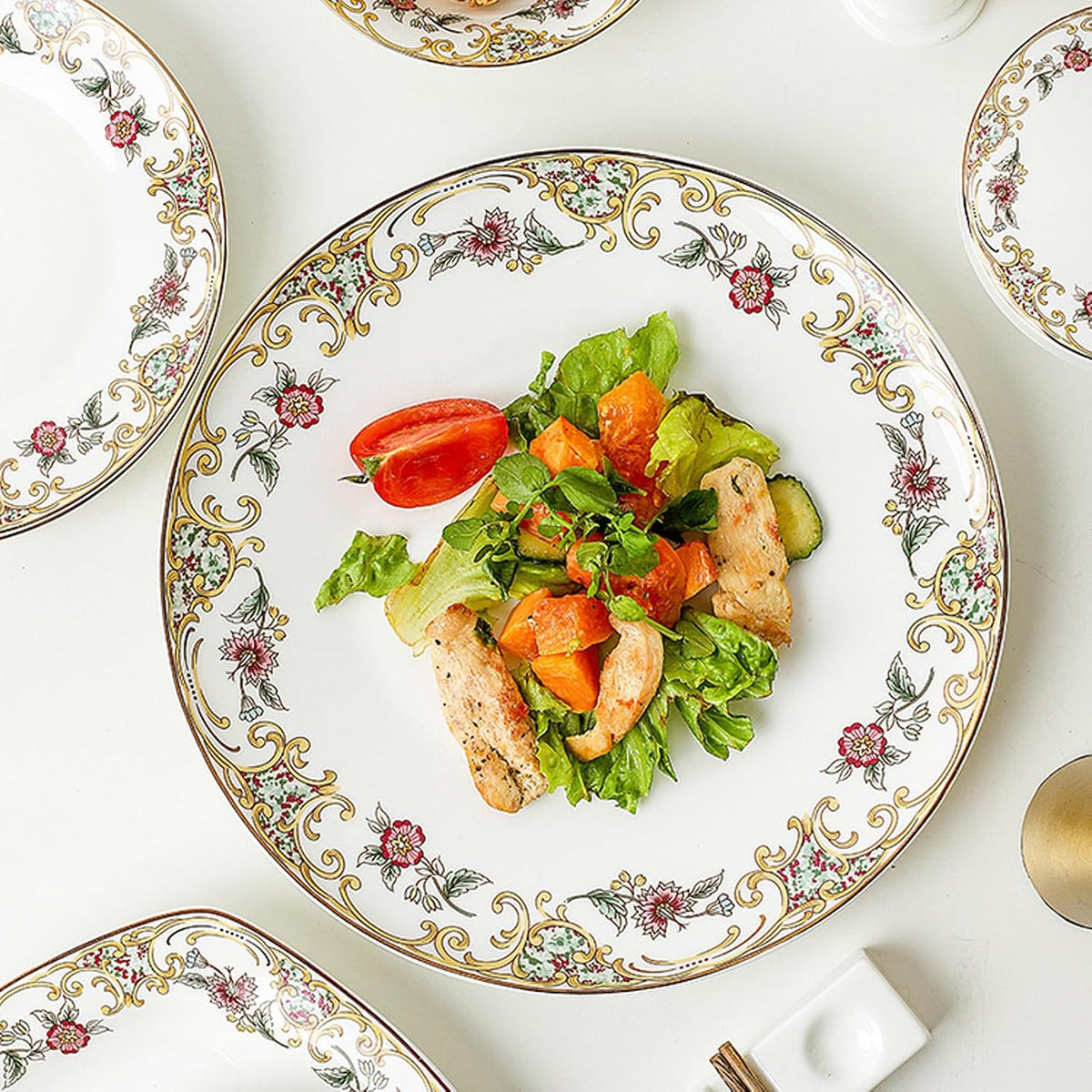 ACMLIFE Bone China Dinnerware Set for 4, 12-Piece Vintage Floral Dinnerware Set, Kitchen Plates and Bowls Set, Christmas Gifts for Women (White)