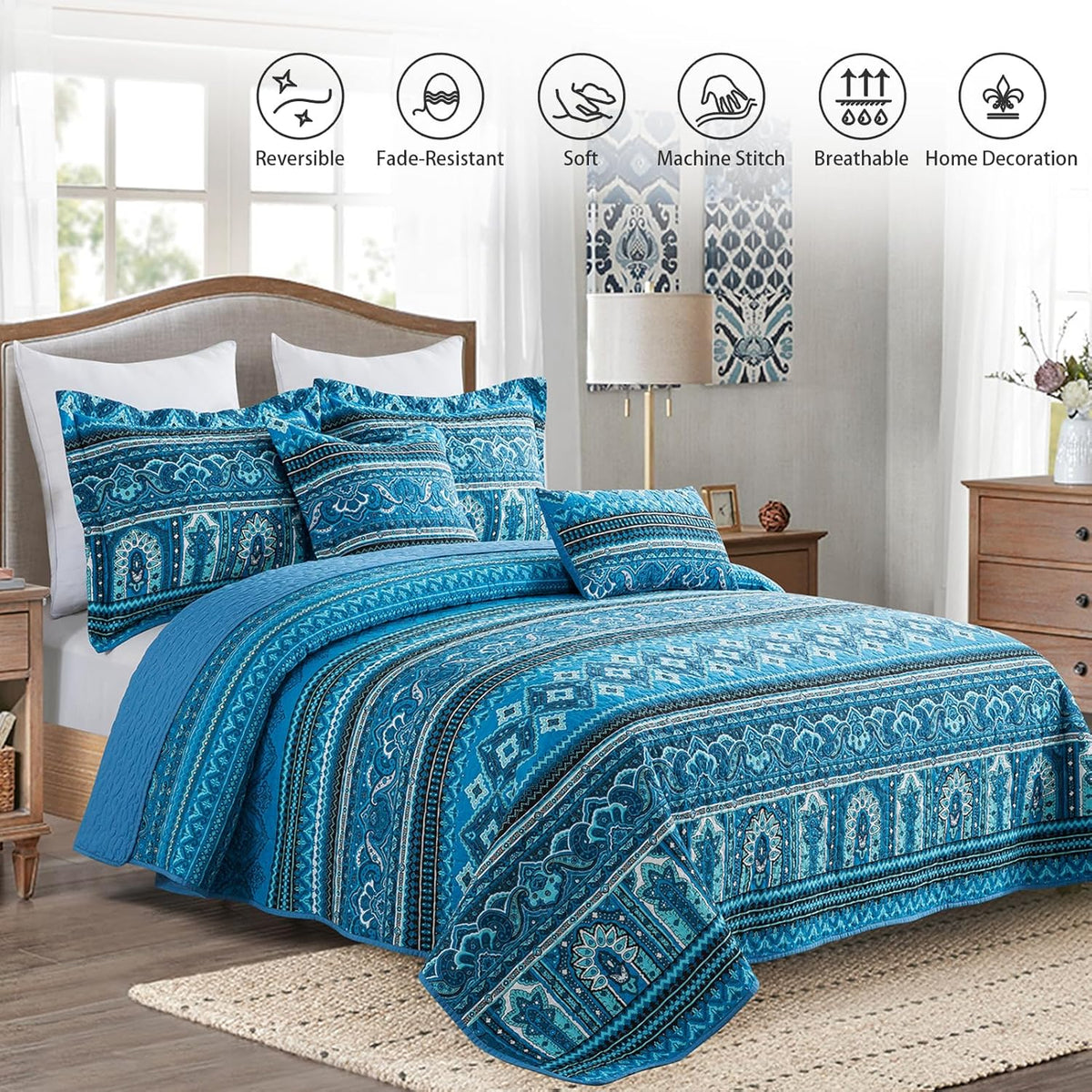 TWINRUN Cotton Quilts California King Size Set, 3 Pieces California King Quilt Bedding Set (108 x 118 Inch), Lightweight Boho Oversized King Size Bedspread, Blue Stripes Cotton Quilts for All Seasons