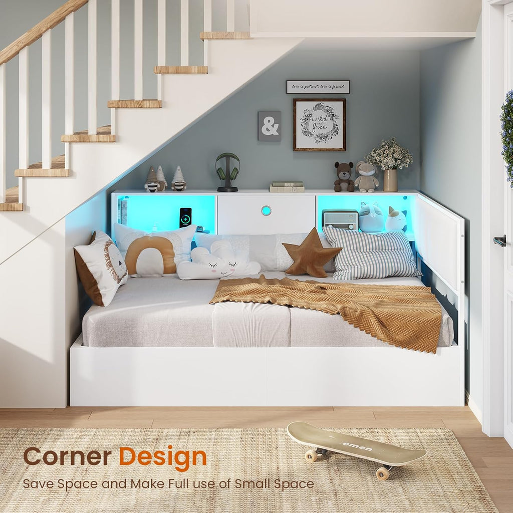 DICTAC Twin Corner Lift up Storage Bed with Led Lights and Charging Station Twin Size Daybed for Kids/Teen with Bookcase and Hydraulic Storage,Platform Corner Beds with Upholstered Headboard,White