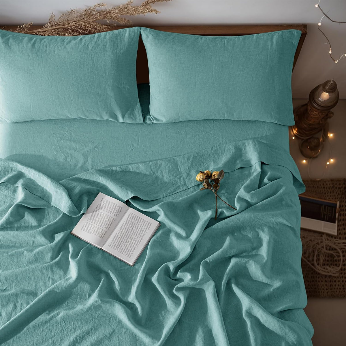 LBRO2M 100% Pure Linen Sheet Set Deep Pocket Up to 16' Bed Sheets Sets, Natural Flax Beddings Soft, Breathable, Comfortable for All Seasons Twin XL Size, Aqua