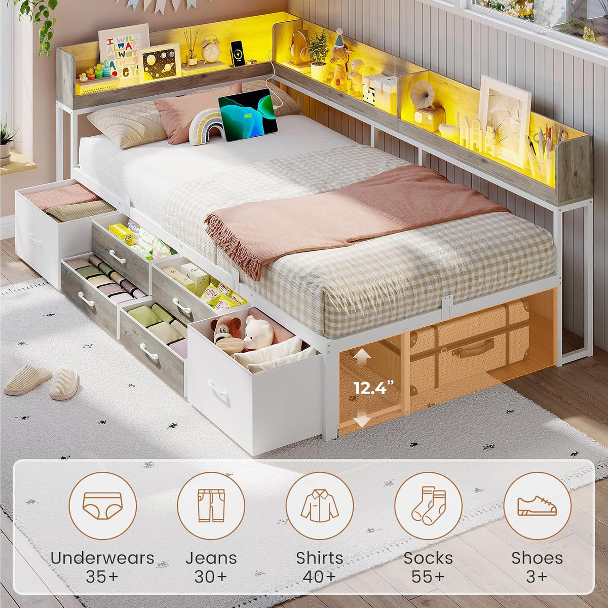 VIAGDO Corner Bed Frame with Storage Bookcase and 6 Drawers, Twin XL Metal Platform Corner Bed Frame with LED Lights and Charging Station, Twin XL Daybed for Kids Teenagers, White & Grey