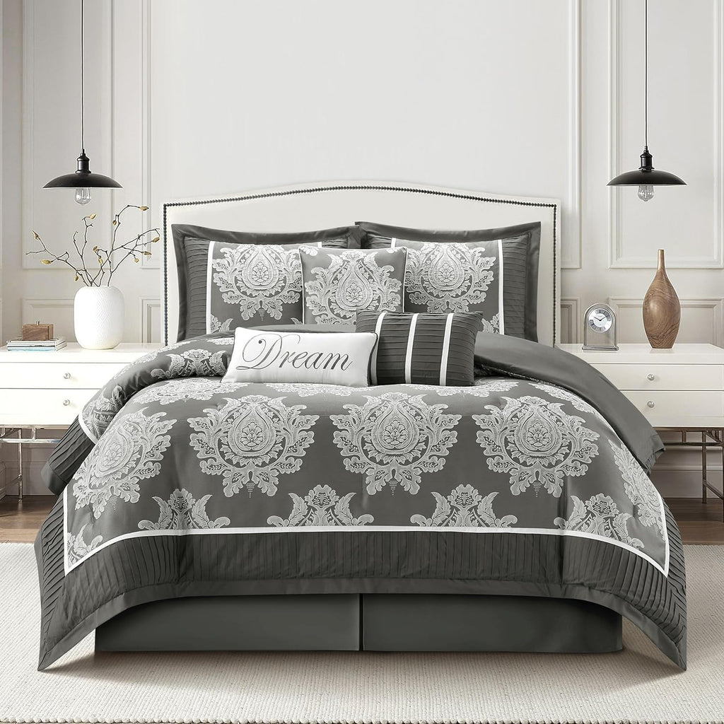 Grand Avenue Grey 7PC Comforter Set King Size, Jacquard with Matching Solid Piecework Bedding Set, All Season, Bedskirt, Pillows & Shams