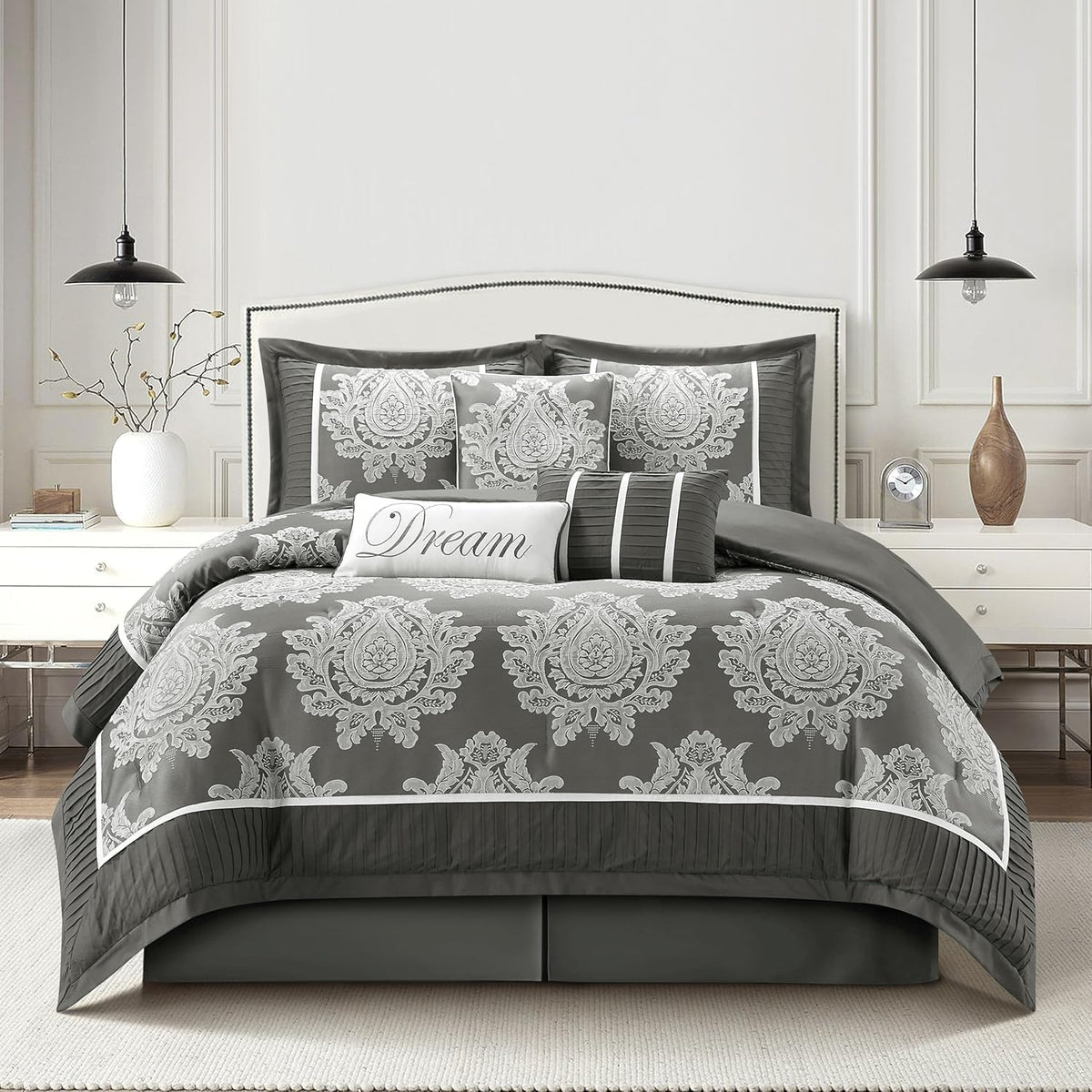 Grand Avenue Grey 7PC Comforter Set King Size, Jacquard with Matching Solid Piecework Bedding Set, All Season, Bedskirt, Pillows & Shams
