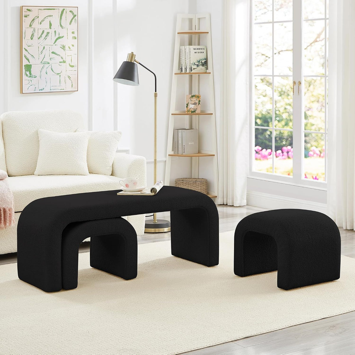 3-Piece Nesting Ottoman Bench Set - Black 44+16.5 Inch, Teddy Fabric, Modern Arched Design, Comfy Footrest/Seating for Bedroom, Living Room, Entry