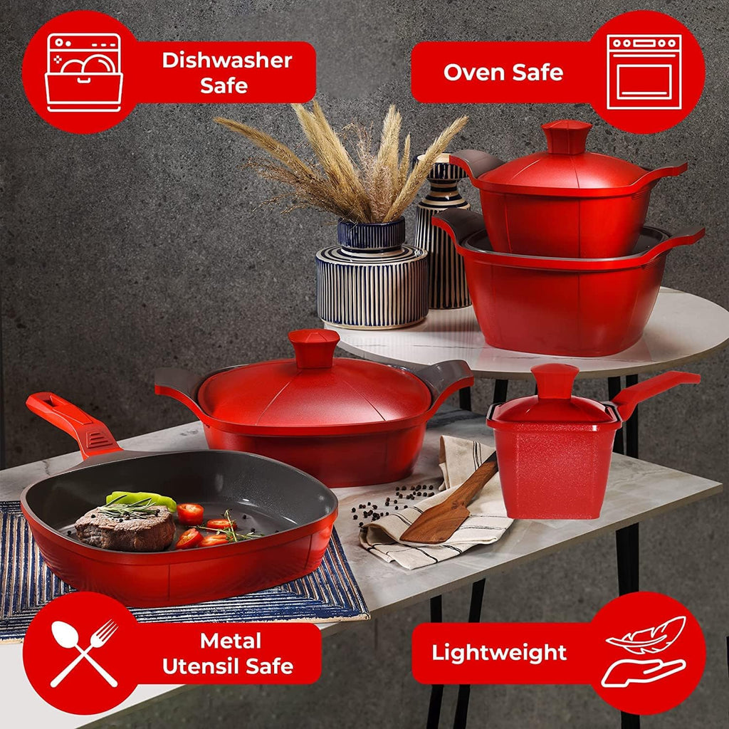(Matrix) Luxury Cast Aluminum 11-Piece Cookware Set – Pans, Pots, Saucepan, Saucier, Baking Tray & Silicone Handles – Premium Nonstick, All Stovetops Compatible (Induction) Ceramic Black