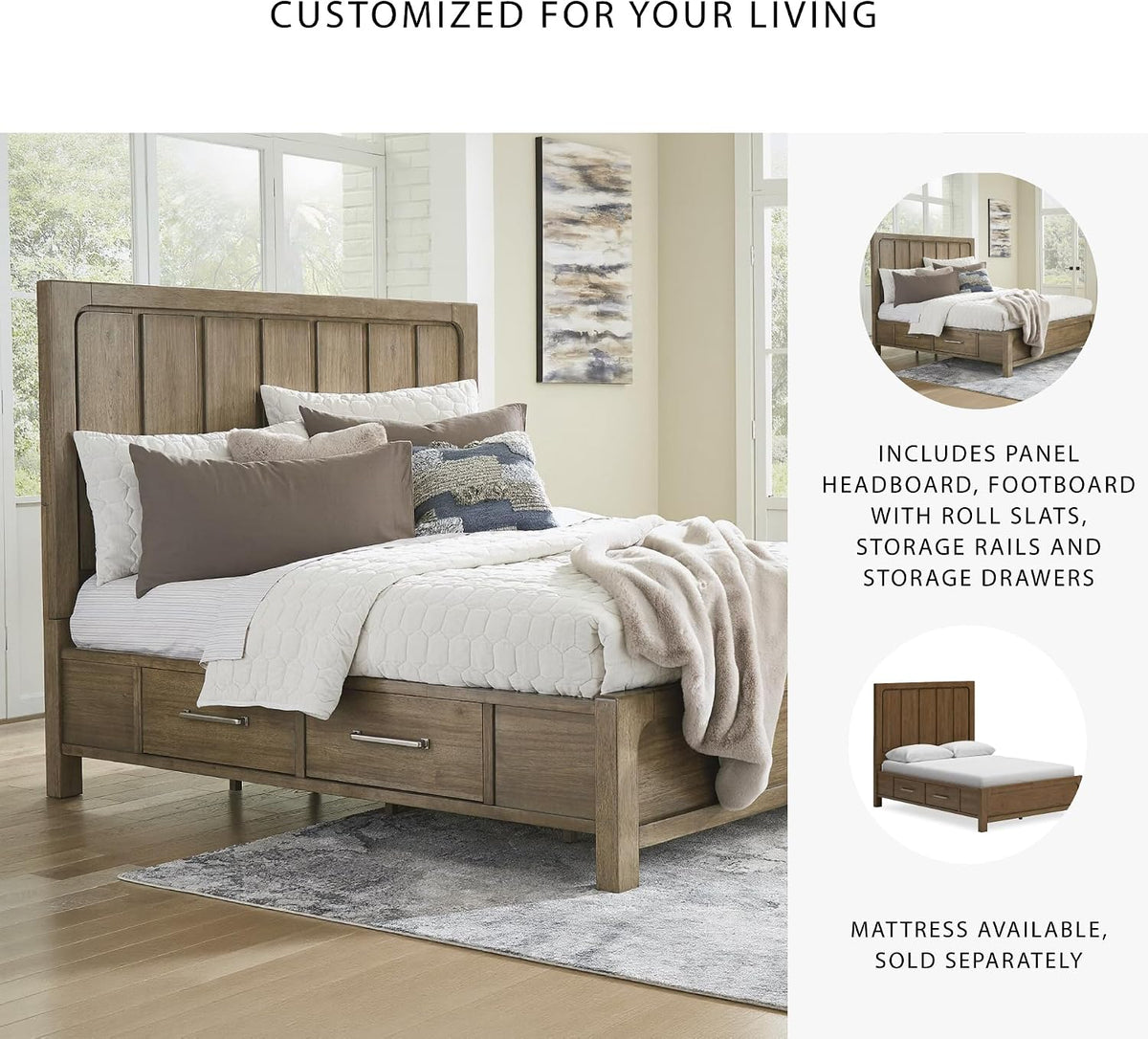 Signature Design by Ashley Cabalynn Modern 4-Drawer King Platform Bed with Storage, Foundation or Box Spring Not Needed, Light Brown