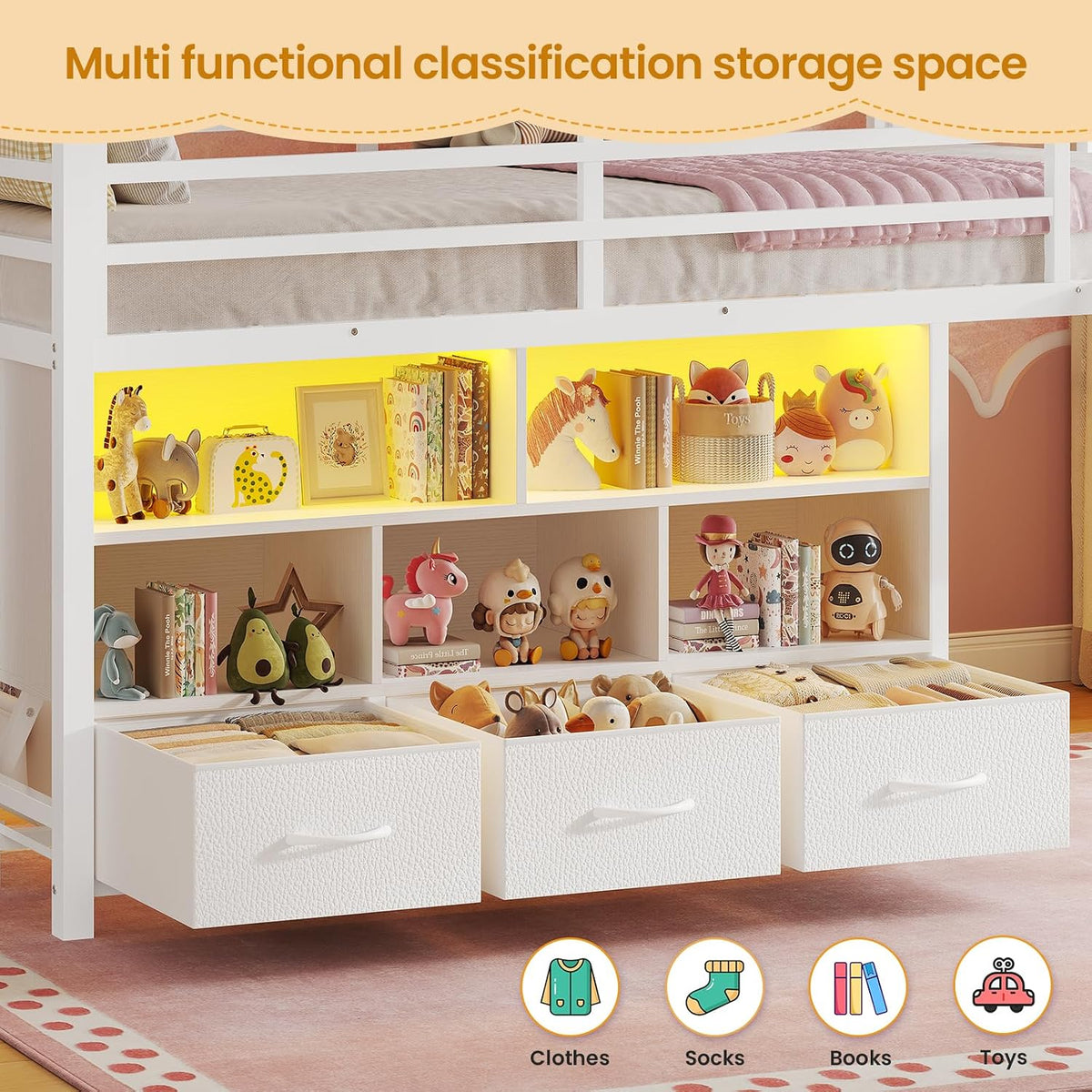 BTHFST Low Loft Bed Twin Size with 3 Storage Drawers, 3-Tier Kids Bookshelf, 5 Open Cubbies and 2 LED Lights Strips, Metal Kids Loft Bed with High Safety Guardrail, Inclined Ladder and Play Area