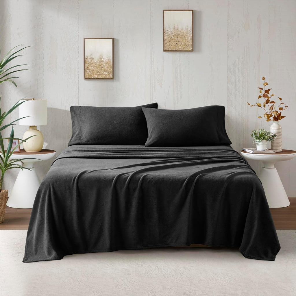 True North by Sleep Philosophy Micro Fleece Bed Sheet Set, Warm, Sheets with 14' Deep Pocket, for Cold Season Cozy Sheet-Set, Matching Pillow Case, Cal King, Black, 4 Piece