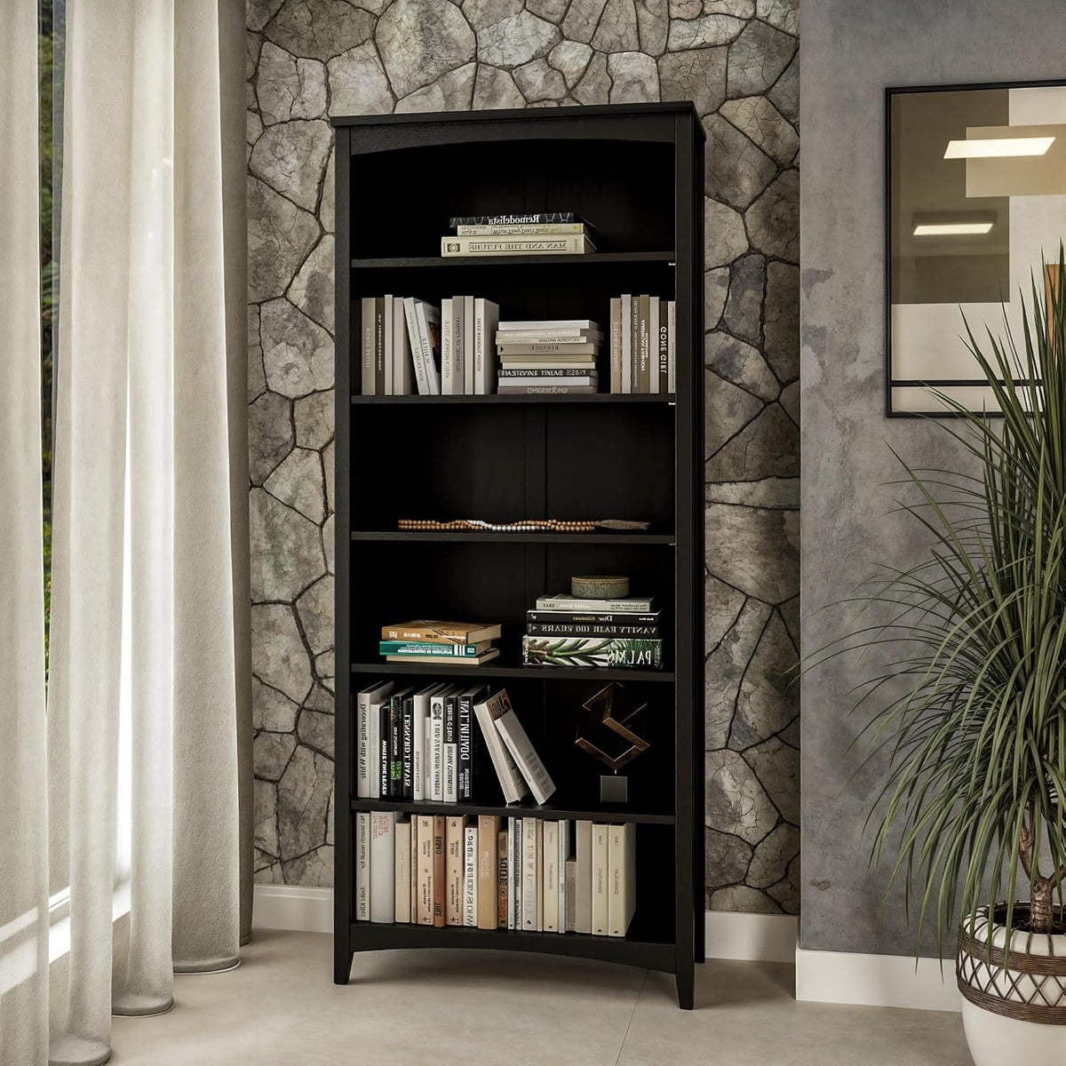 Camaflexi Shaker Style 6 Shelf Bookcase/Solid Wood / 72 inch Tall/Adjustable Shelving/Closed Back/Display Bookshelf for Living Room, Bedroom, Home and Office, Black