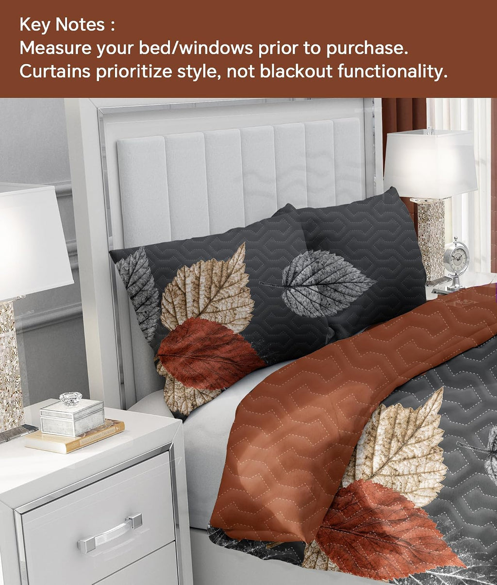 9 Pcs Cal King Bed in a Bag with Curtains | Boho Brown Leaf Bedspread, Pillowcases, Print & Solid Curtains | Microfiber, Moisture-Wicking | Bedspread and Curtain Sets | RV & Outdoor Ready