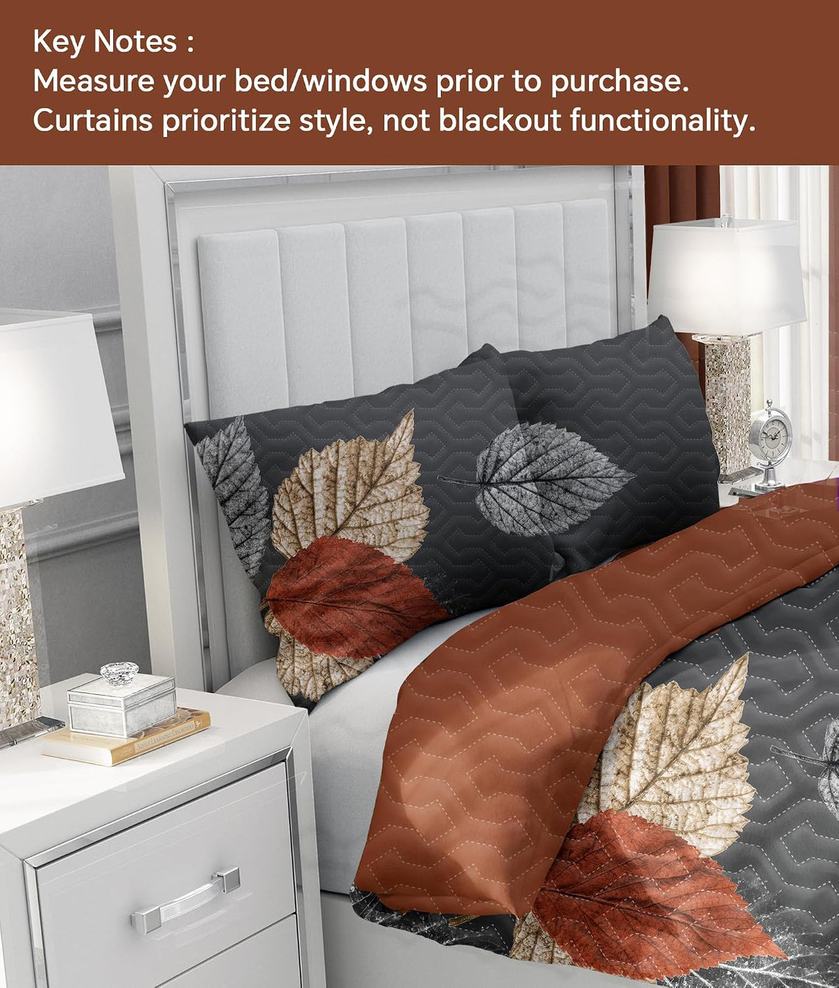 9 Pcs Cal King Bed in a Bag with Curtains | Boho Brown Leaf Bedspread, Pillowcases, Print & Solid Curtains | Microfiber, Moisture-Wicking | Bedspread and Curtain Sets | RV & Outdoor Ready