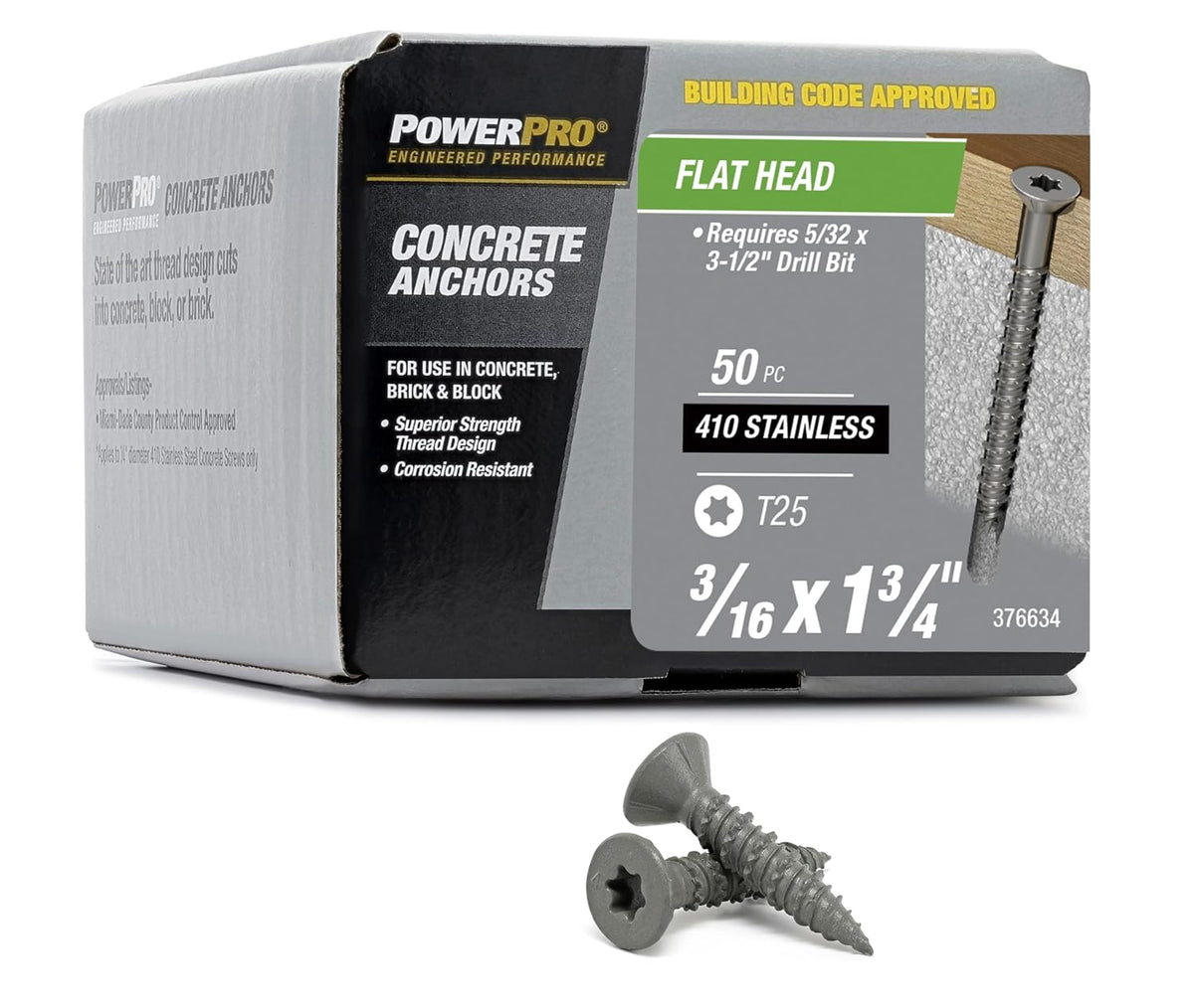 Power Pro Concrete Screw Anchors #410 Stainless Flat (3/16' x 1-3/4') 100-Piece