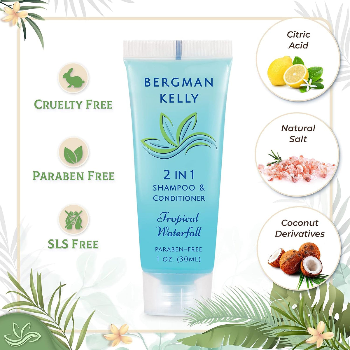 Bergman Kelly - Travel Size 2 in 1 Shampoo & Conditioner - 1 fl oz, 18000 PK, Tropical Waterfall - Delight Your Guests w/Invigorating & Refreshing Shampoo Amenities - Small Hotel Toiletries in Bulk