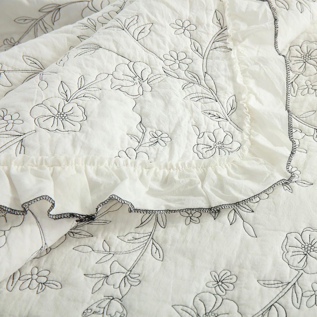 MarCielo 3-Piece 100% Cotton Bedspread Lightweight Quilt Coverlet Embroidery Farmhouse Bedding Set (Floral,Queen (98' X 90'))
