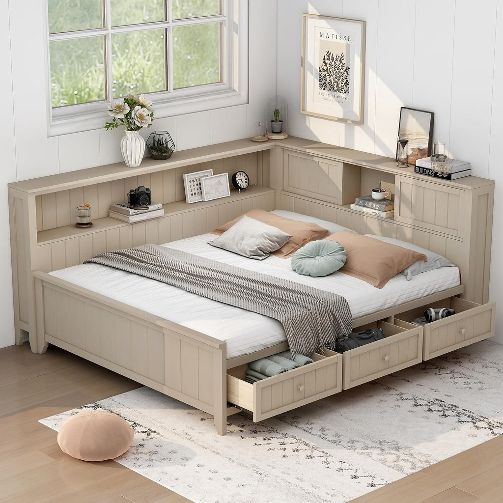 Merax Corner Full Bed Frame with Bookcase Storage, Wood Platform Bed Frame with 3 Drawers, Full Size Daybed with Storage for Living Room,Bedroom,Guest Room, Antique White