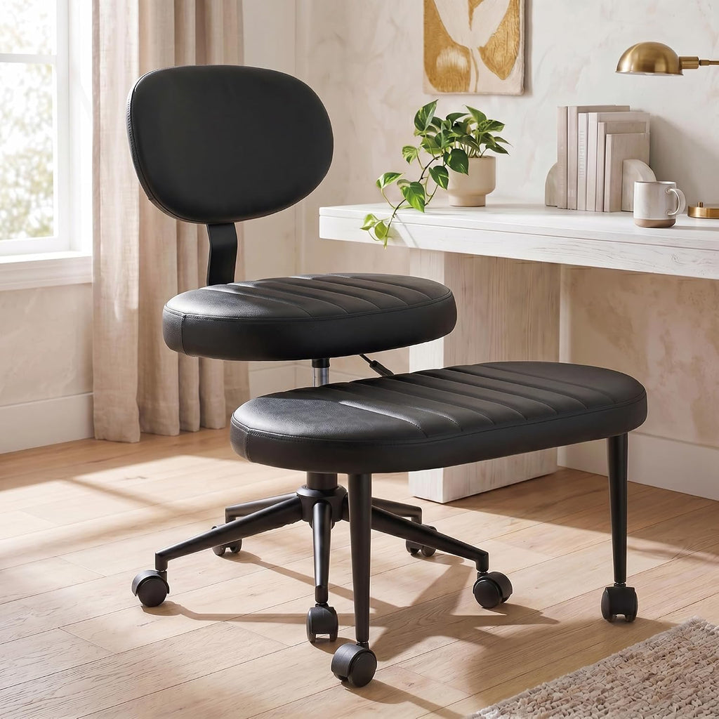 Cross Legged Office Chair with Wheels, 360 Swivel Height-Adjustable Meditation Chair with Lumbar Support, PU Leather, Black