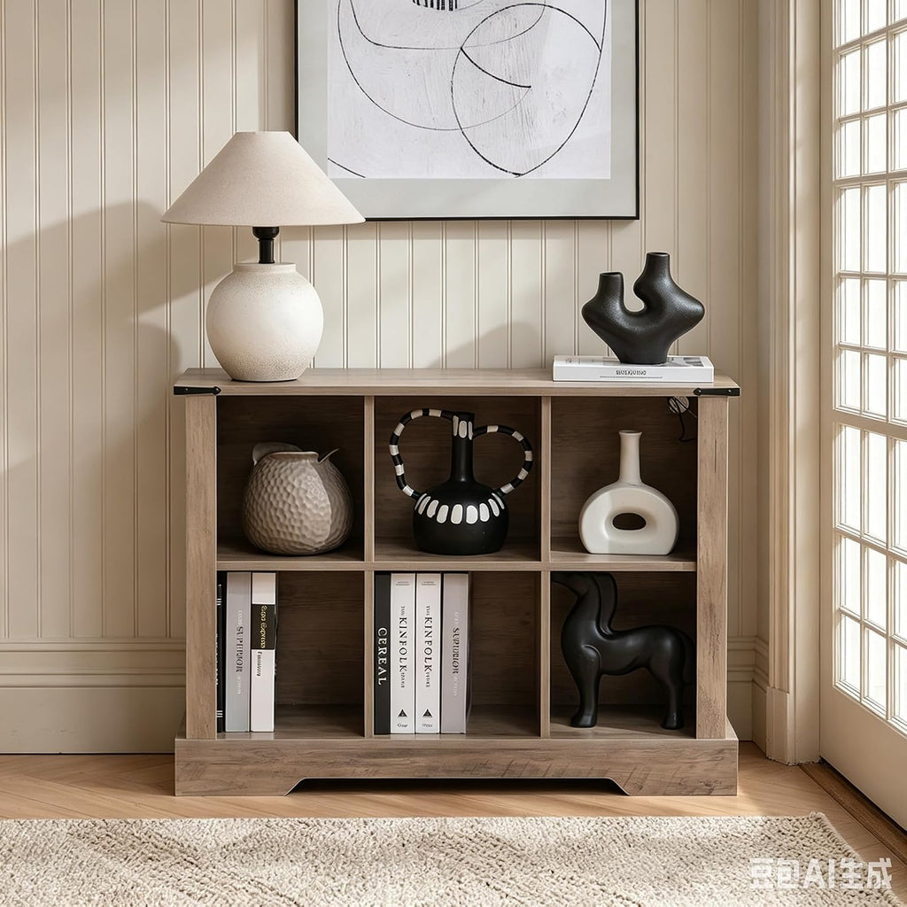 6 Cube Storage Organizer, Wood Cube Bookshelf with LED Lights, Horizontal Storage Cubes, Kids Bookshelf, Display Cabinet Cubby Shelf for Living Room Home Office Bedroom, Grey