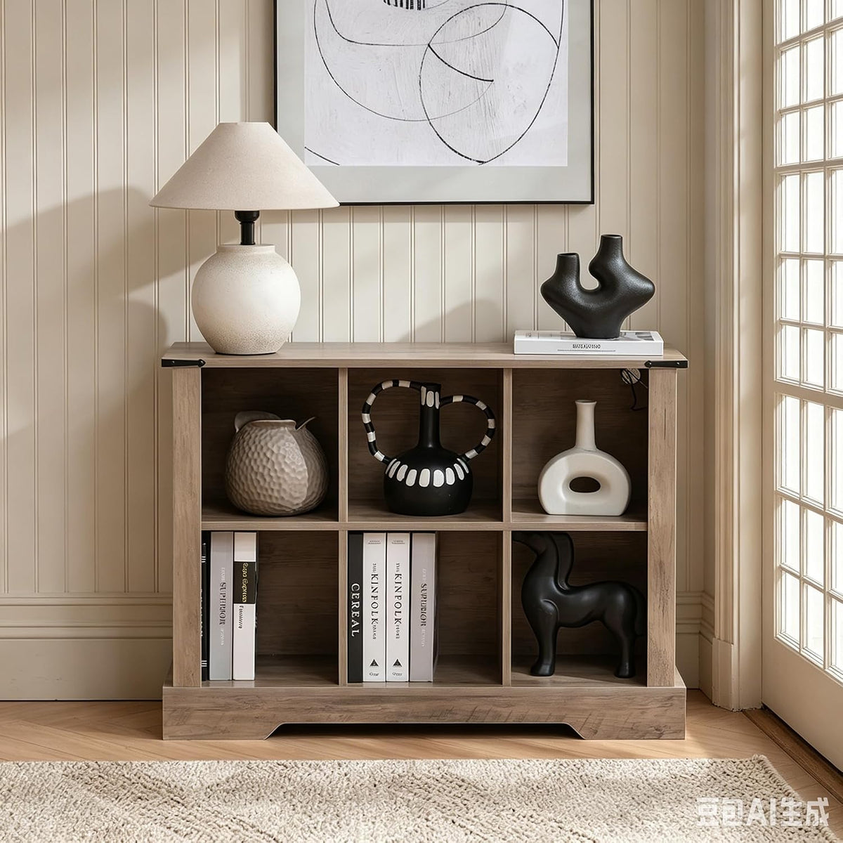 6 Cube Storage Organizer, Wood Cube Bookshelf with LED Lights, Horizontal Storage Cubes, Kids Bookshelf, Display Cabinet Cubby Shelf for Living Room Home Office Bedroom, Grey
