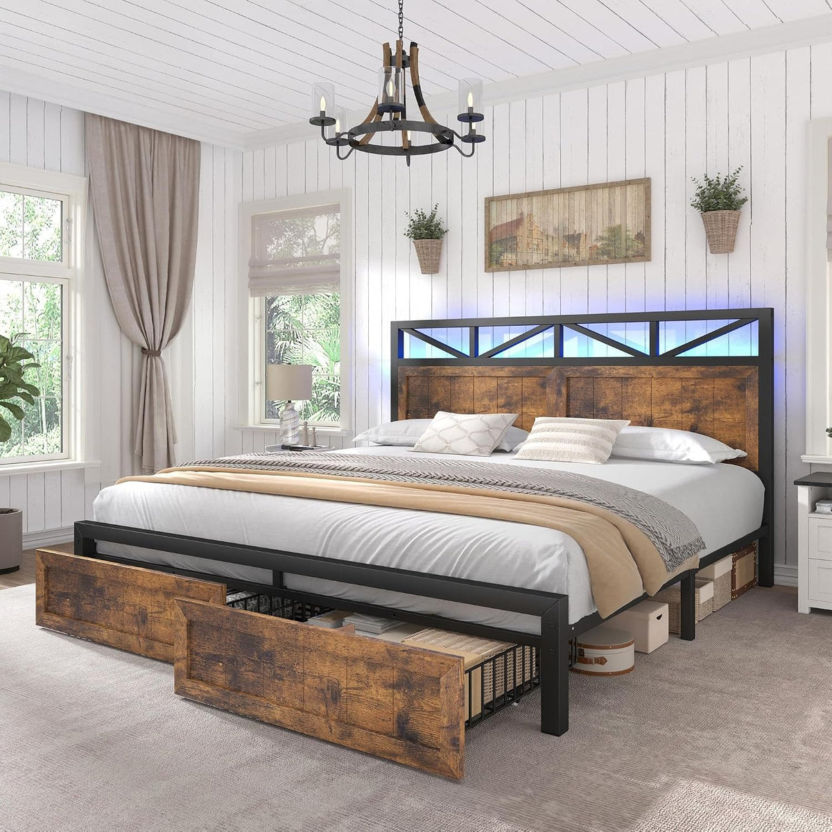 EnHomee Queen Bed Frame with Headboard, 2 Large Drawers Platform Bed with LED Lights and Built-in Charging Station, No Box Spring Needed, Noise-Free Metal Bed for Bedroom,Rustic Brown