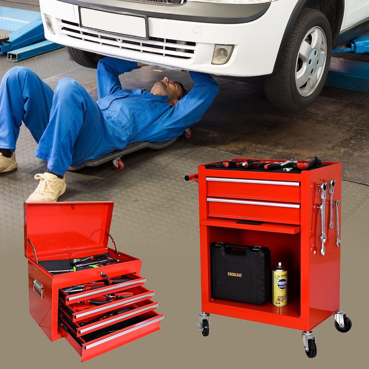 6-Drawer Tool Chest, 3-in-1 Rolling Tool Box with Detachable Top Toolbox & Key Lock,Tool Cabinet with Protective Liner & Universal Lockable Wheels,Metal Storage Cart for Garage,Workshop (Red)