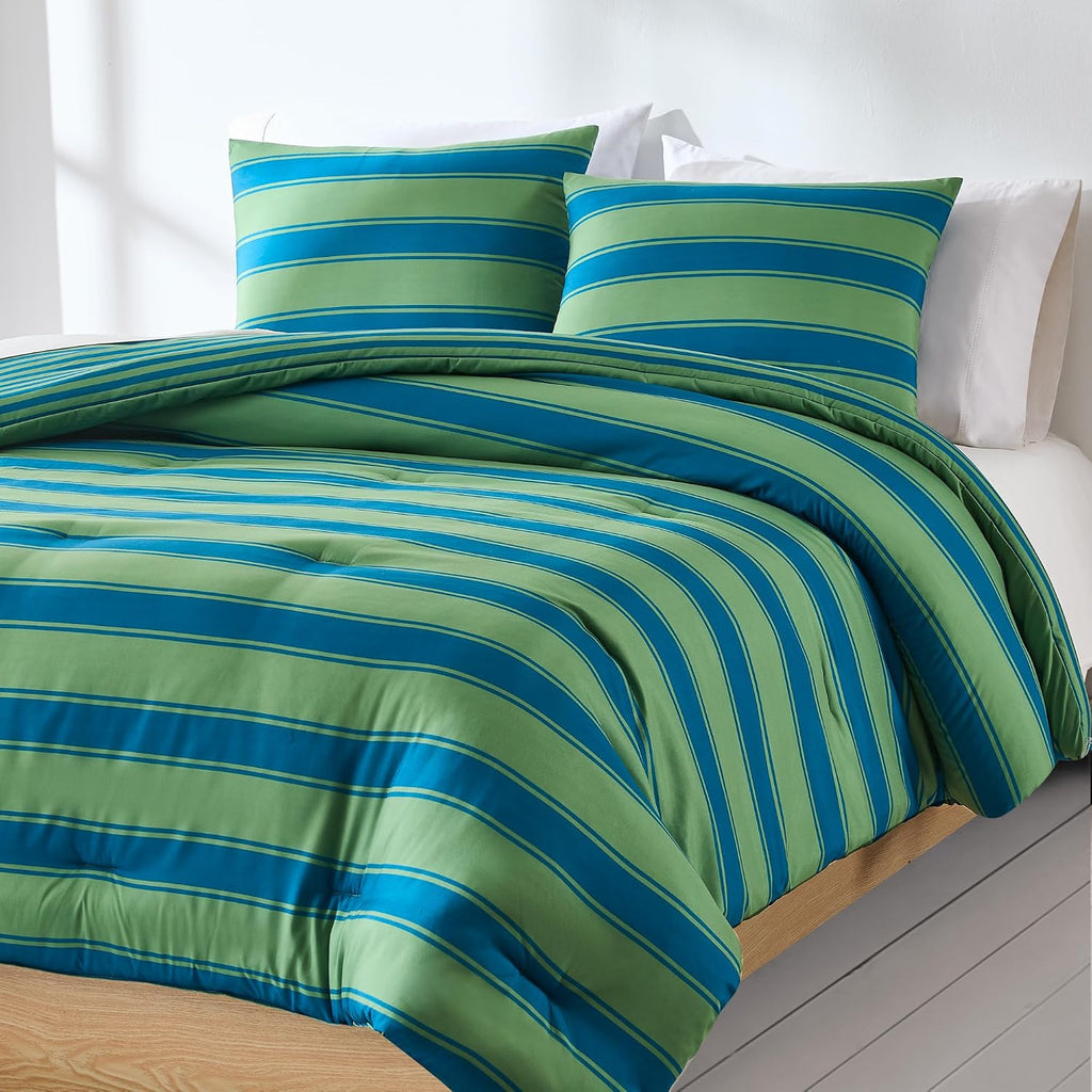 Lush Decor Gale Cabana Stripe? Reversible Comforter 3 Piece Set Full/Queen Blue & Sage - Striped Bedding Set - Green Comforter - Modern Coastal Decor