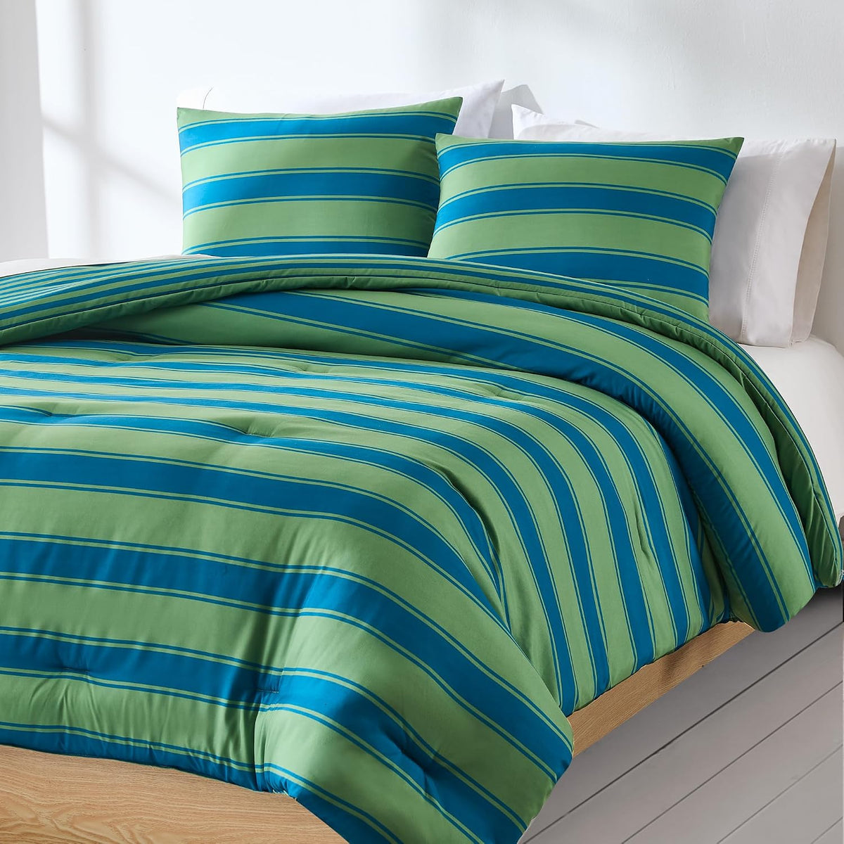 Lush Decor Gale Cabana Stripe? Reversible Comforter 3 Piece Set Full/Queen Blue & Sage - Striped Bedding Set - Green Comforter - Modern Coastal Decor