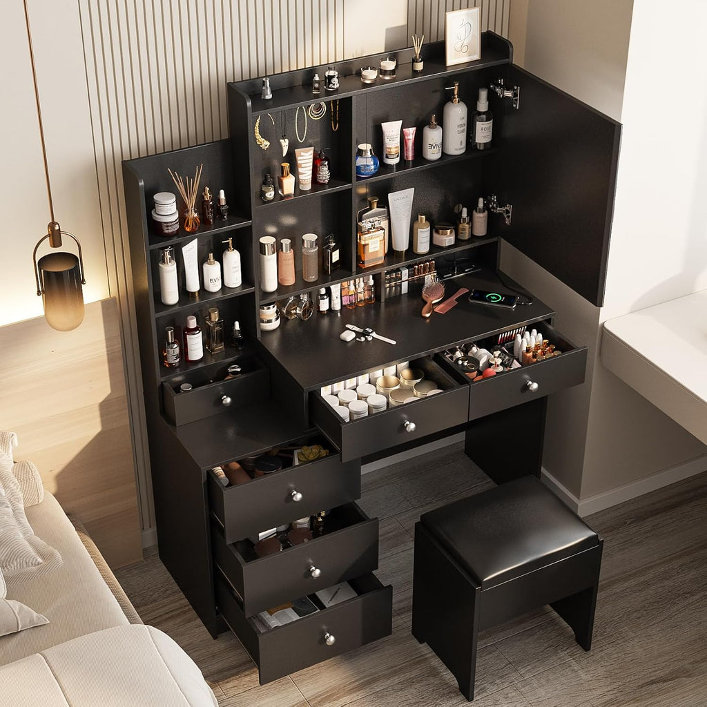 Vabches Vanity Makeup Mirror Desk with Stool,Makeup Vanity Set with 6 Drawers and Shelves,Dressing Table with Power Strip, 3 Color Modes Available,Black
