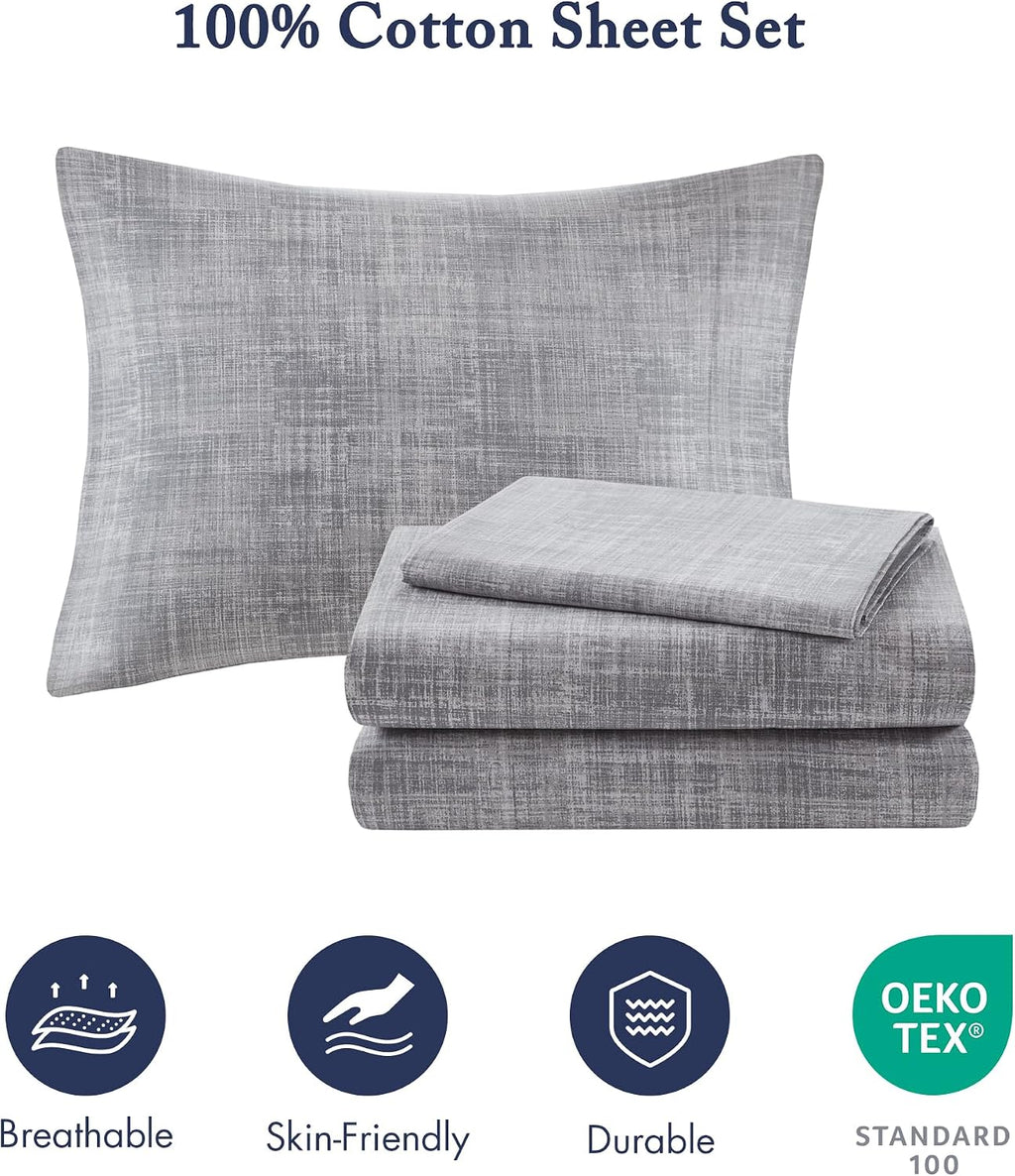 Madison Park Essentials Saben Cozy Bed in A Bag Reversible Quilt with Complete Cotton Sheet Set-Geometric Design All Season Cover, Decorative Pillow, Queen(90'x90'), Stripes Navy 8 Piece