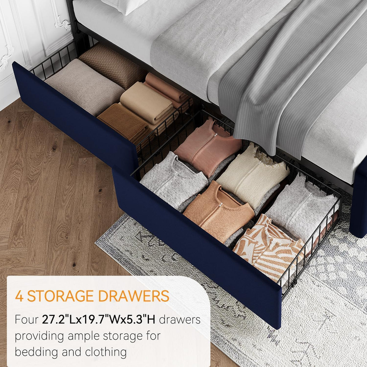 GarveeHome Queen Size Bed Frame with 4 Storage Drawers and Velvet Upholstered Headboard, Wooden Slats Support, Button Tufted Design, No Box Spring Needed, Blue