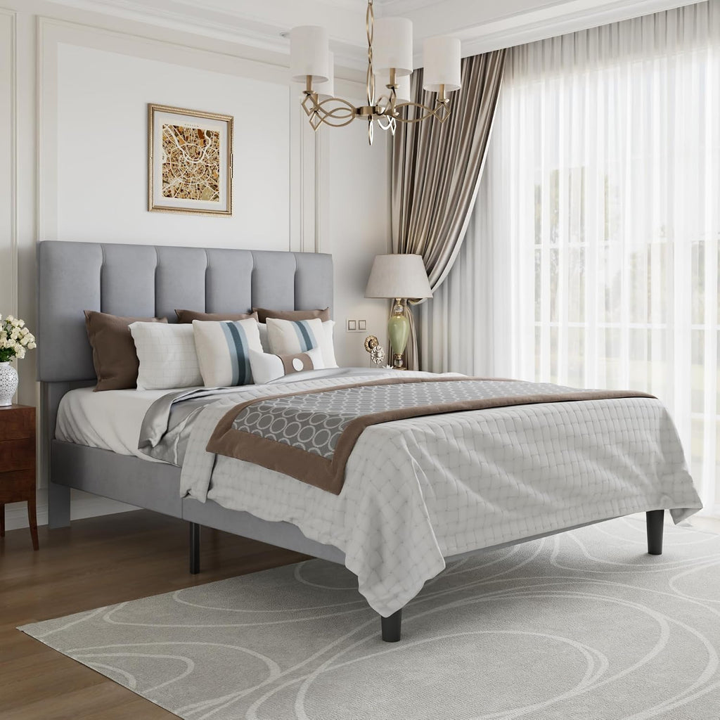 VECELO Full Bed Frame with Upholstered Headboard, Heavy-Duty Platform Bedframe with Strong Wooden Slats Support, No Boxing Spring Needed, Light Grey