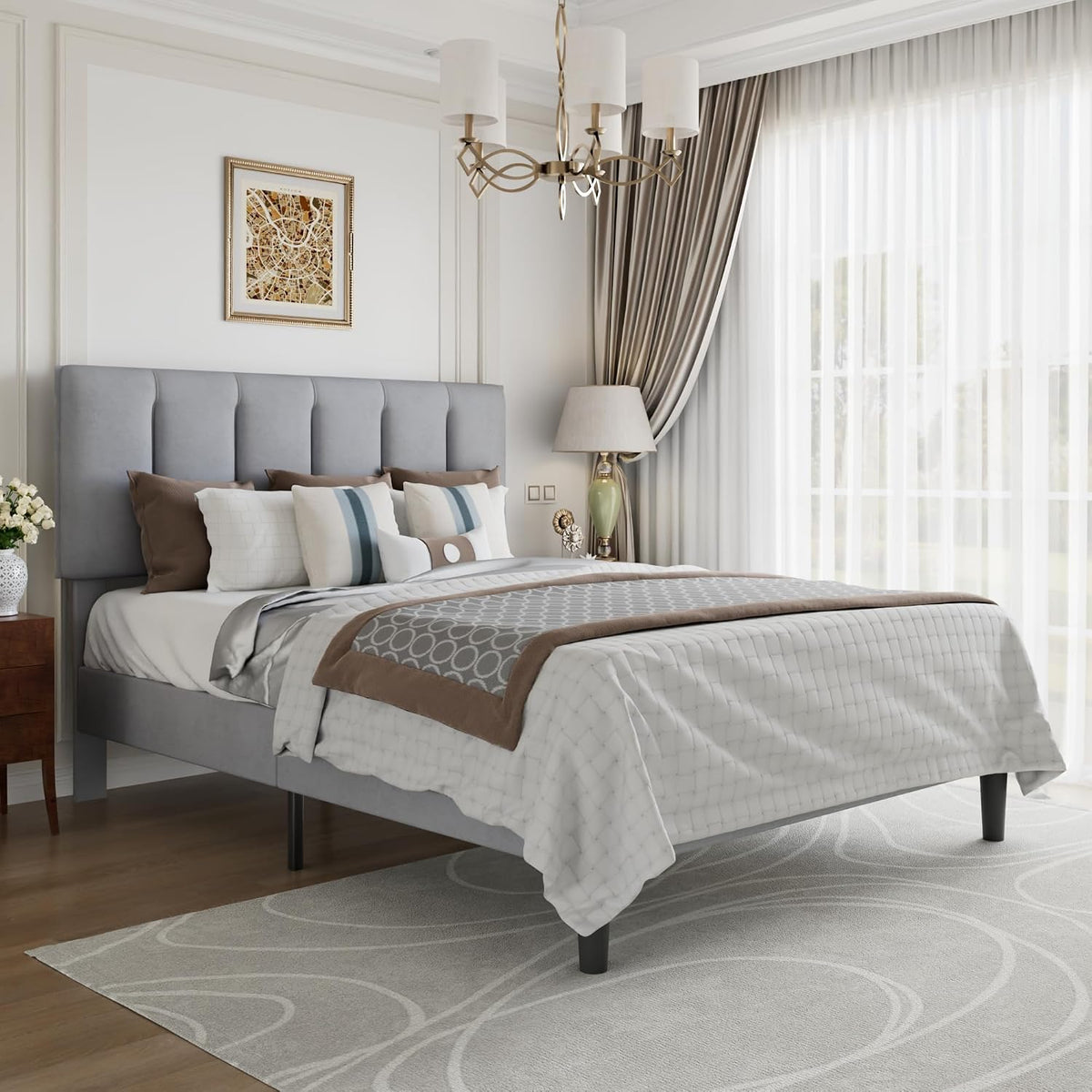 VECELO Full Bed Frame with Upholstered Headboard, Heavy-Duty Platform Bedframe with Strong Wooden Slats Support, No Boxing Spring Needed, Light Grey